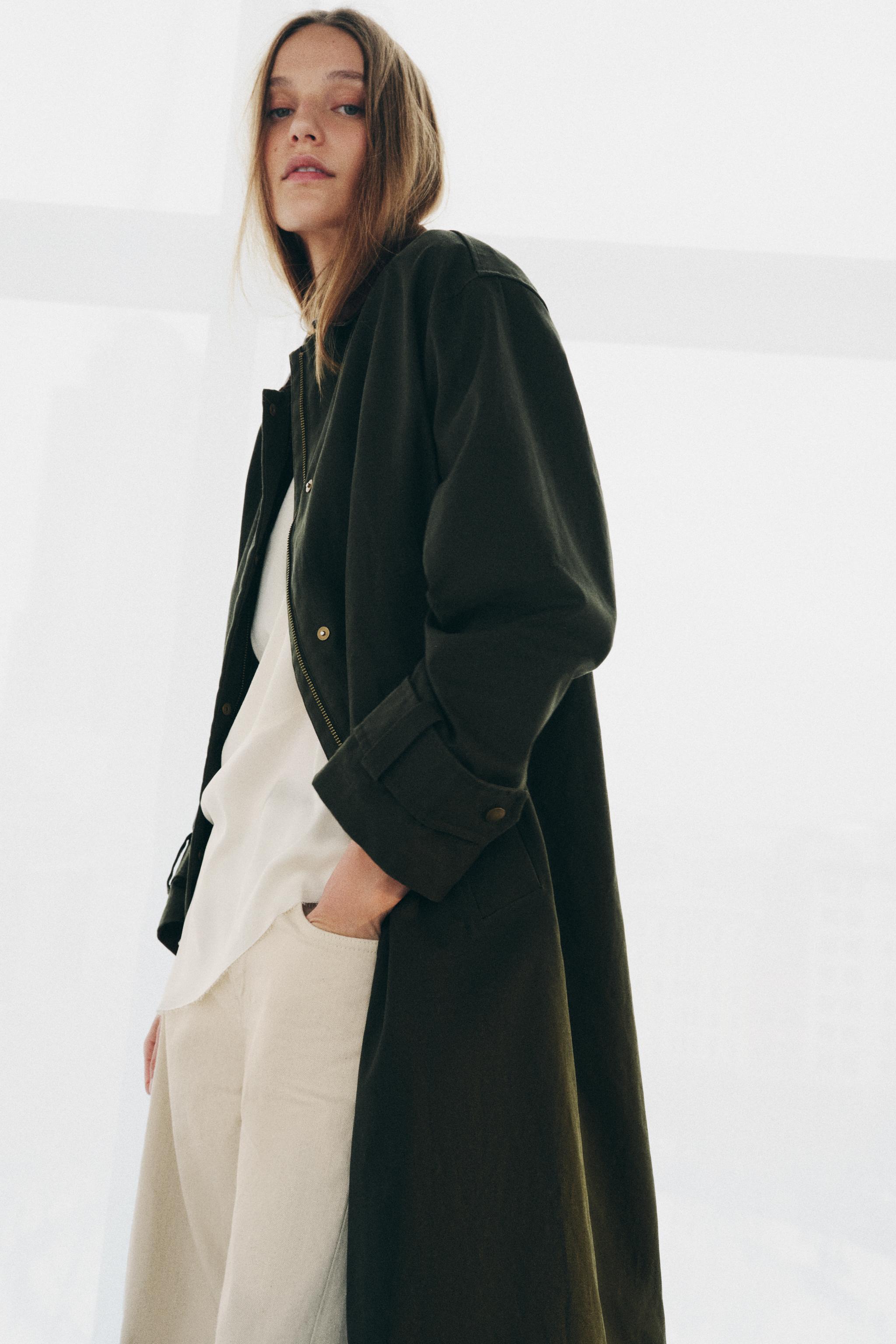 CONTRAST FAUX LEATHER COLLAR TRENCH COAT ZW COLLECTION